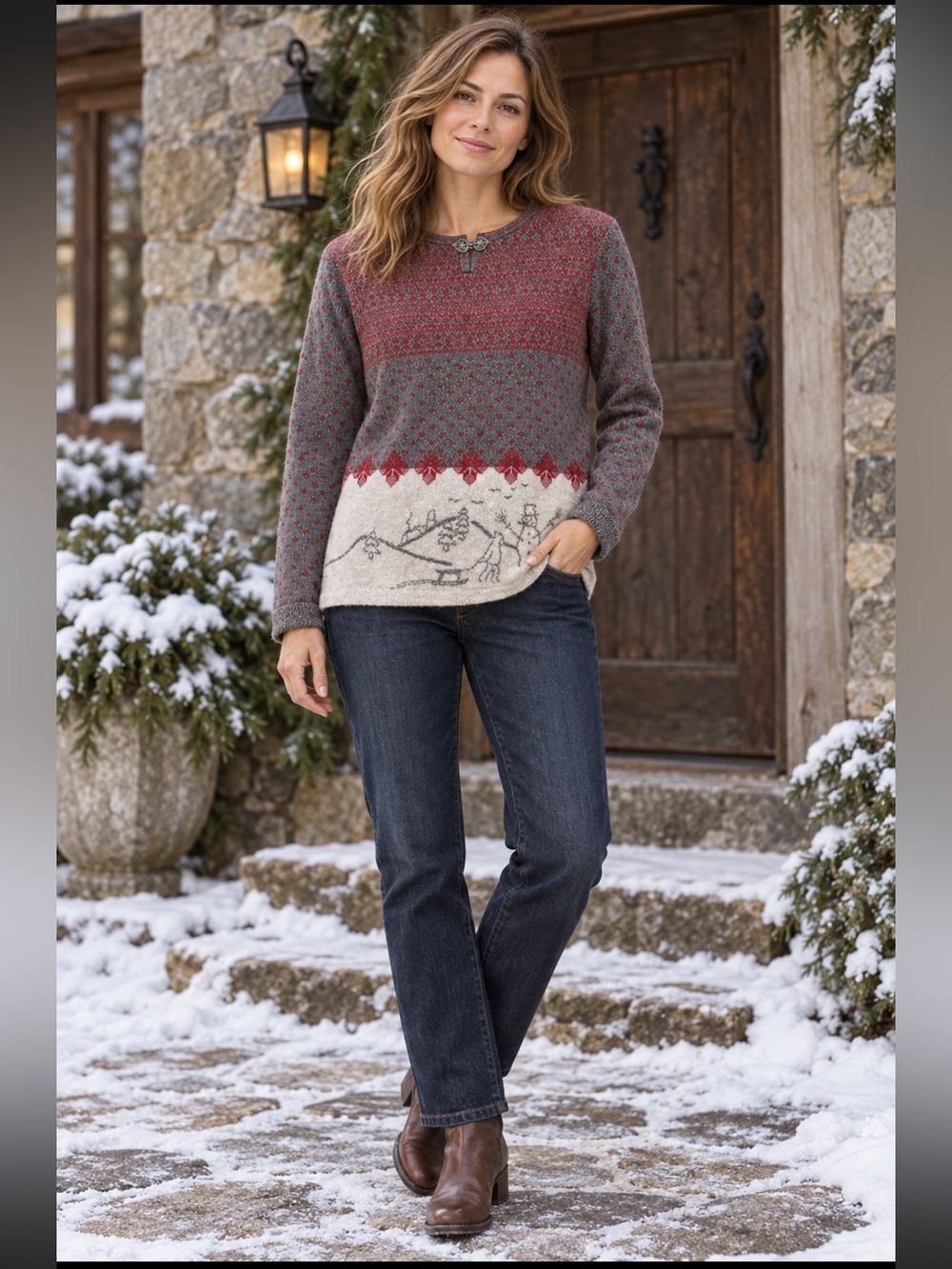 Woolrich Winter Scene Fair Isle Sweater M Gray Red Lambswool